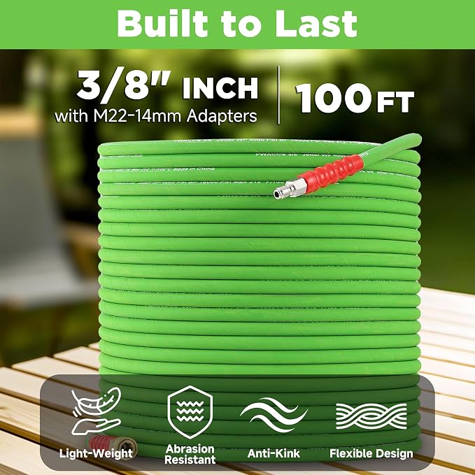 PWACCS Pressure Washer Hose 100FT 3/8", Steel Wire Braided Power Wash Hose | Quick Connect, Kink Resistant, M22 14 Adapters, Cold/Hot Water, 4000 PSI