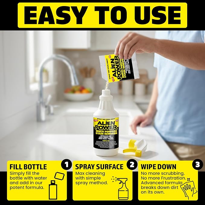 Alien Power 72 OZ Instant Stain Remover Spray for Black Mold and Mildew | All Purpose No-Scrub Cleaner for Bathroom & Household Surfaces, Tiles, Wall & Washing Machines - 3 Packets (Makes 72 Fl Oz)