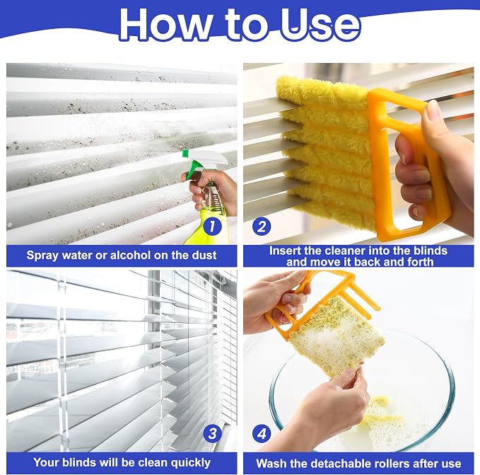 Blind Cleaner Duster Tool - 3 Pcs 7 Fingers Anti-Shedding Window Blind Cleaner Tool, with High-Density Microfiber Fleece and Ergonomic Handle, Detachable and Washable