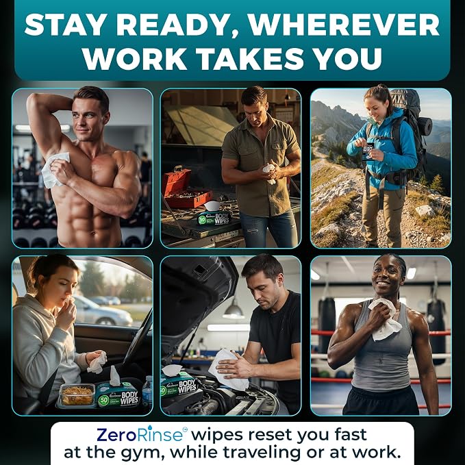 Travel Body Wipes for Men - 20 XL Shower Wipes for Adults Bathing No Rinse - Individually Wrapped 10”x10” Disposable Washcloths, Face Towels, Gym Mens Deodorant Sheets, Camping Essentials & Must Haves