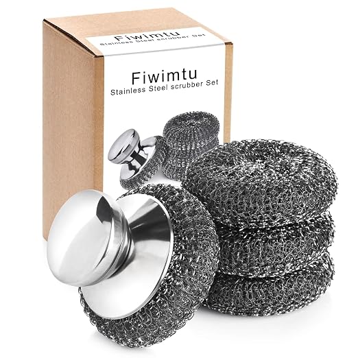 4PCS Steel Wool Scrubber Pads, Stainless Steel Scrubber Set with 3Pcs Steel Wool Pads, Steel Scrubber for Dishes, Ideal for Cleaning Cast Iron, Pots, Pans, Grills, Stoves, Sink, Kitchen Household
