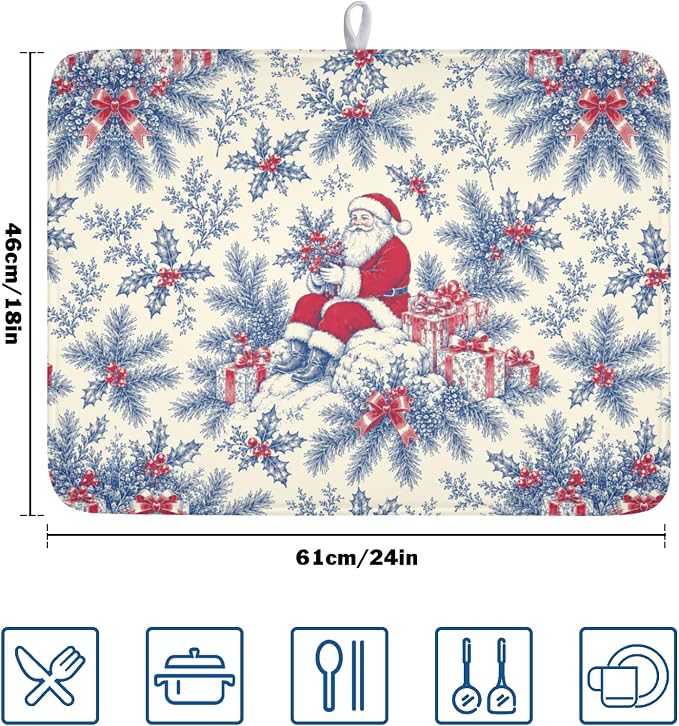 Christmas Santa Claus Dish Drying Mat for Kitchen Counter 18x24 Inch | Vintage Blue Chinoiserie Christmas Holly Leaves Dish Drainer Mat Rustic Xmas Holiday Absorbent Washable Drying Pad