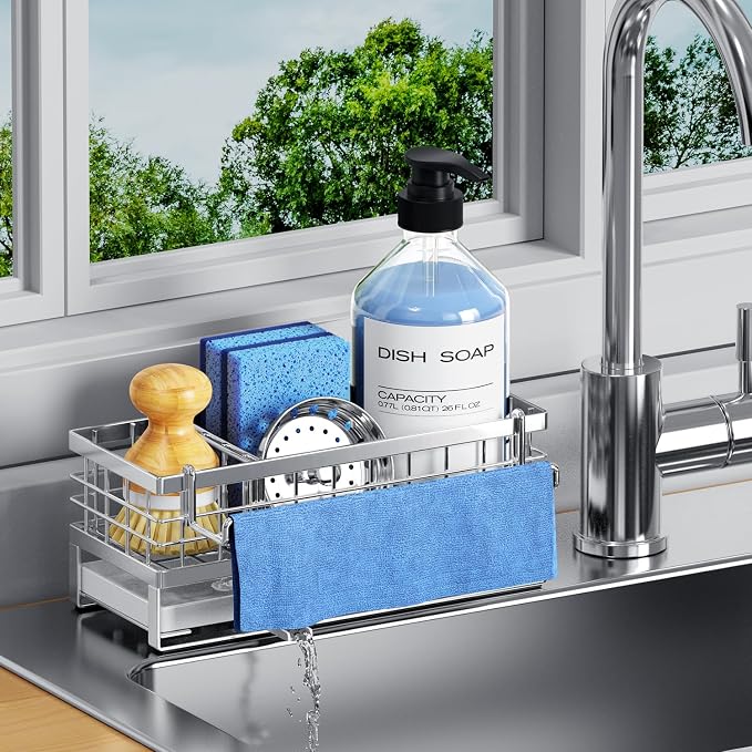 Kitchen Sink Sponge Holder - Self-Draining, Detachable Dish Cloth Holder, Rustproof Kitchen Countertop Organizer (Stainless Steel)