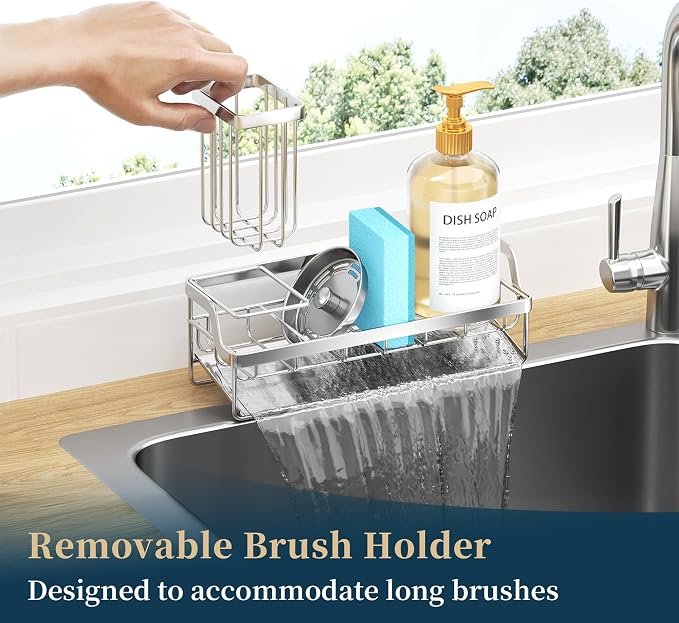 Consumest Sponge Holder for Kitchen Sink - Sink Caddy with Stainless Steel Self Drain Tray, Sink Organizer with High Brush Holder Countertop for Kitchen Sink Accessories, Silver