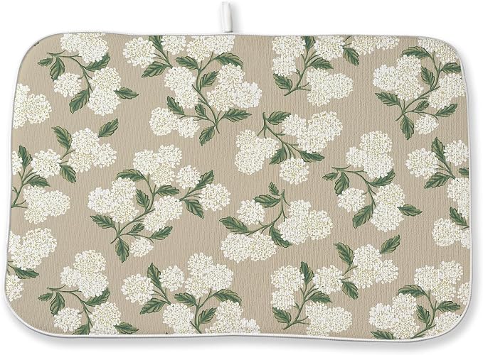 Beige Dish Drying Mat 18x24 Inch Khaki Green Vintage Floral Hydrangea Flower Drying Mat Spring Summer Seasonal Absorbent Dish Drying Pad Dish Rack Drainer Mats for Kitchen Dining Counter