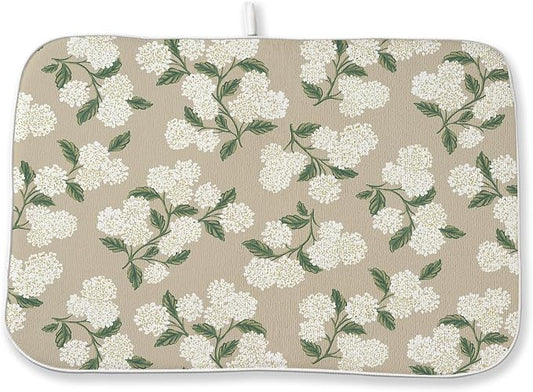 Beige Dish Drying Mat 18x24 Inch Khaki Green Vintage Floral Hydrangea Flower Drying Mat Spring Summer Seasonal Absorbent Dish Drying Pad Dish Rack Drainer Mats for Kitchen Dining Counter