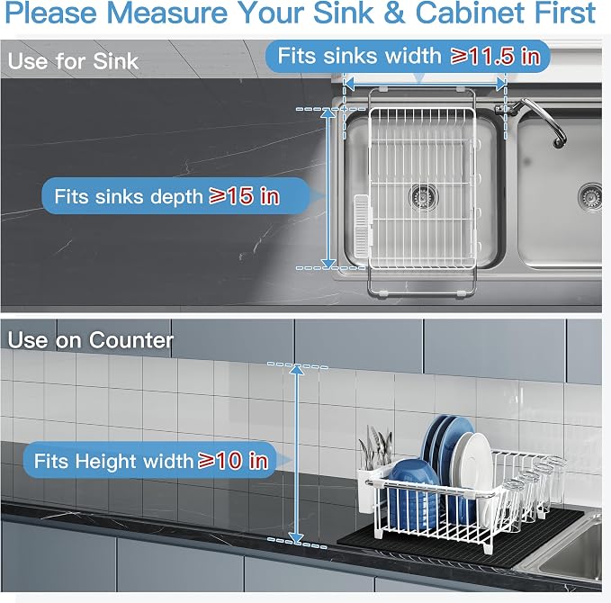 JASIWAY White Dish Drying Rack in Sink with Mat, Expandable Stainless Steel Dish Drainers for Kitchen Counter, Space Saving Dish Dryer for Inside Sink, Over Sink Dish Racks with Utensil Holder