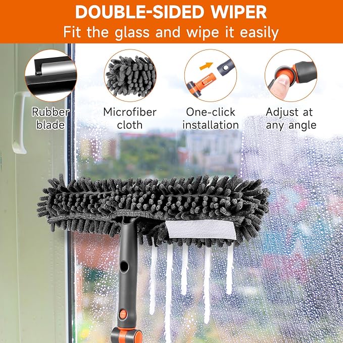 LEVELEVE 2-in-1 Window Squeegee for Home, 62" Extension Pole Window Cleaning Kit with Bendable Head, Professional Window Washing Equipment for High Indoor Outdoor Glass & Car (with 4 Cleaning Cloth)