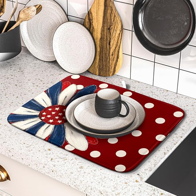 Patriotic Dish Drying Mat 16 x18 In Red and Blue Daisy Microfiber Kitchen Draining Mat for Countertops
