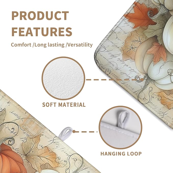Fall Dish Drying Mats for Kitchen Counter Autumn Pumpkin Maple Leaf Vintage Drying Mats Thanksgiving Holiday Dishes Drainer Pad Microfiber Absorbent Reversible Dish Draining Mat 18x24 Inch