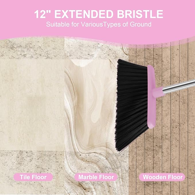 Pink Broom and Dustpan Combo Set, 51" Long Handle Broom with Mini Set | Mini Set for Tables, Kitchens & Tight Spaces, Built-in Comb Dustpan, Foldable Space-Saving Storage, Multi-Surface Use