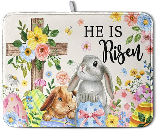 He is Risen Easter Dish Drying Mat for Kitchen Counter Bunny Floral Cross Dish Drainer Mats Spring Rabbit Flowers Egg Dish Drying Pads Absorbent Microfiber Reusable Dish Rack Mat 18x24 Inch
