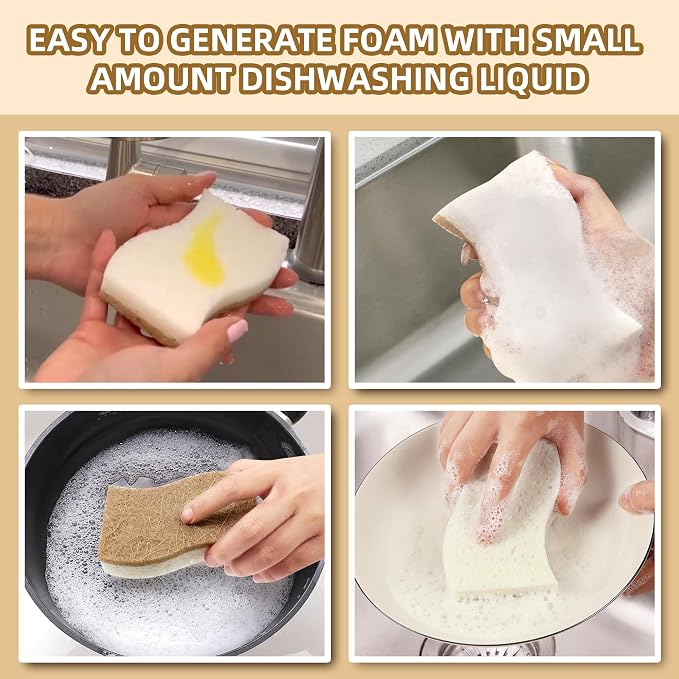 Natural Kitchen Sponges, Biodegradable & Compostable | Non-Scratch Cellulose Coconut Fiber Sponges for Dishes, Pots & Pans | Eco-Friendly Cleaning Sponge (12)