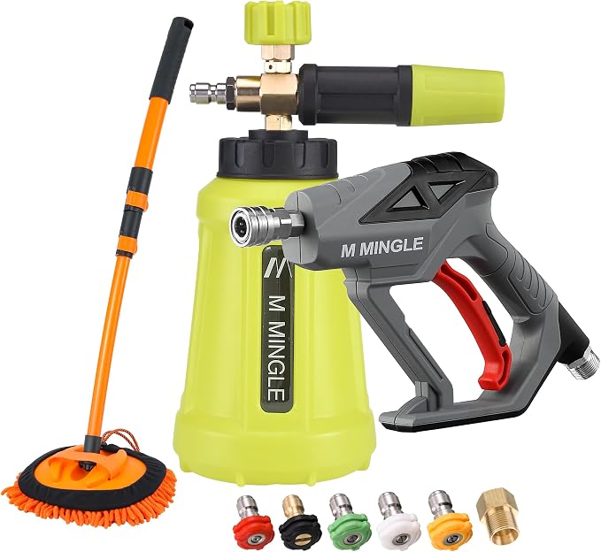 M MINGLE Pressure Washer Foam Cannon Kit, Car Wash Brush with Long Handle | Thick Foam Sprayer, Adjustable Foam Gun, 5 Multi-Angle Nozzles for All Cleaning Jobs, Universal Power Washer Fit