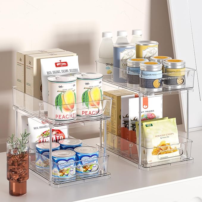 Delamu 2 Tier Under Sink Organizer Bathroom, Bathroom Cabinet Organizer with Snap-Lock Design and Hooks, Pull Out Storage with Movable Dividers, for Countertop, Kitchen and Pantry (Clear, 2 Pack)