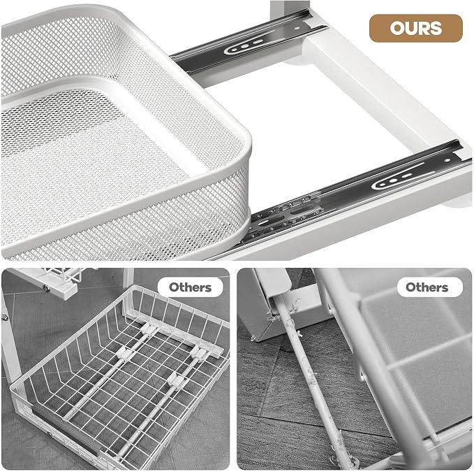 2-Pack 21.3 IN Depth Under Sink Organizer With Next-Gen Ball-Bearing Slides,Sophisticated Mesh 2-Tier Pull Out Shelf for Kitchen & Bathroom,Fits Small Items-White(Patented)