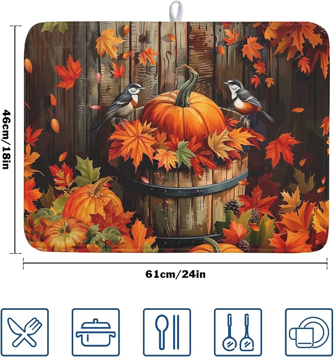 Fall Pumpkin Dish Drying Mat for Kitchen Counter 18x24 Inch Autumn Maple Leaves Microfiber Drying Mats Absorbent Reversible Thanksgiving Day Dish Pad Autumn Orange Dish Mats for Drying Kitchen Decor