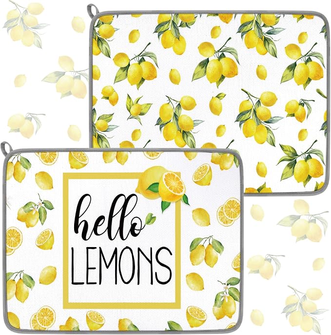Zonon Dish Drying Mat for Kitchen Counter 16 x 24 Microfiber Absorbent Dish Drainer Rack Pads Fast Dry Mat Vintage Kitchen Decorations(Lemon)