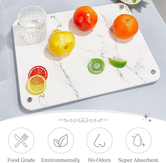 Stone Dish Drying Mat for Kitchen Counter, Quick Drying Diatomaceous Earth Dish Drying Mat with 4 Metal Brackets for Kitchen Sink, Size 15.7 x 11.8 Inches, White Marble Style