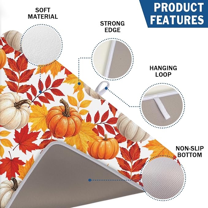Fall Pumpkin Dish Drying Mat for Kitchen Counter 18x24 Inch Autumn Pumpkins Maple Leaves Drying Mats Thanksgiving Absorbent Reversible Dish Pad Fast Dry Drainer Mat Protector for Countertop Coffee Bar