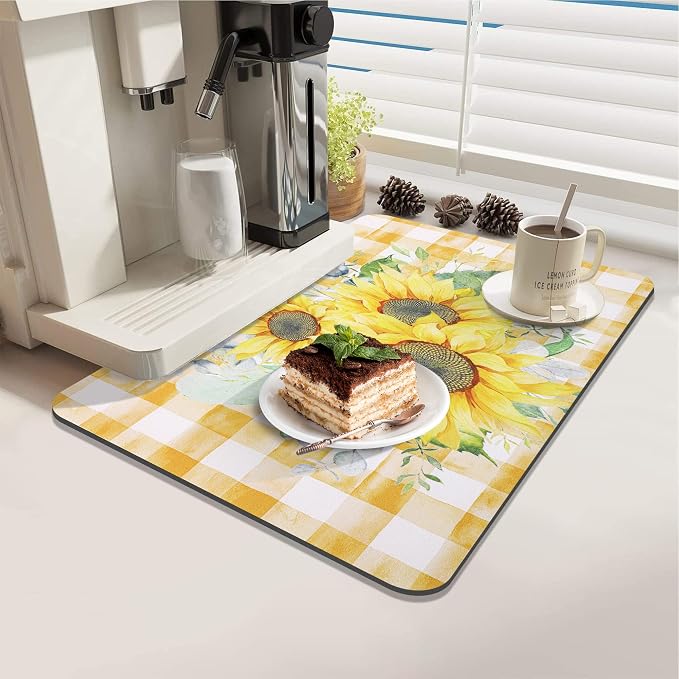 LOKHOM Dish Drying Mat for Kitchen Counter, 12"x20" Absorbent Coffee Bar Mat with Sunflowers, Vintage Floral Dish Drainer Rack Mats for Kitchen Counter Coffee Maker Pot Dining Room Decoration