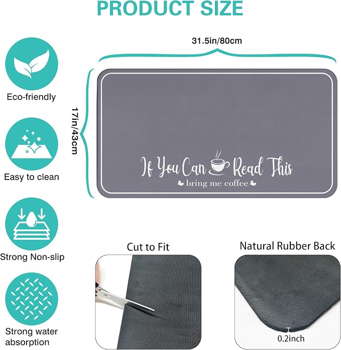 Coffee Bar Mat for Countertops 31.5inx17in,Absorbent Hide Stain Anti-Slip Cafe Bar Accessories Fit Under Coffee Machine Mat,Dish Drying mats for Kitchen
