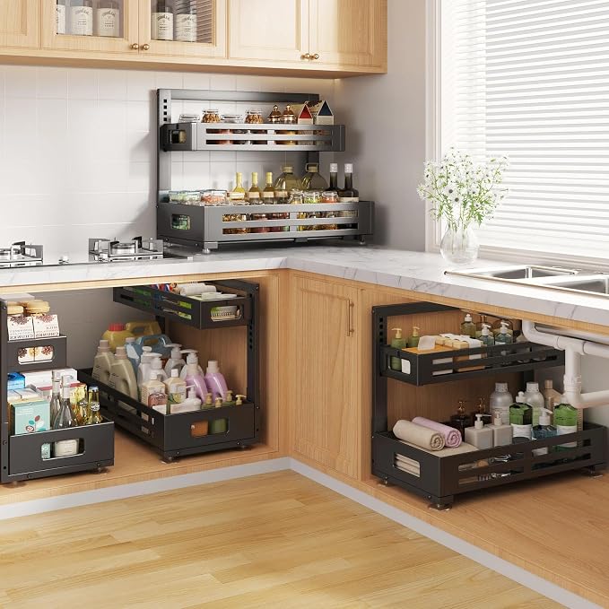 2 Pack 21IN-Depth Under Sink Organizer,Pull Out Cabinet Organizer With Smooth Cylindrical Rail,Metal Slide Out Drawer for Kitchen Bathroom Laundry,8-Level Tool Free Height Adjustable-Black