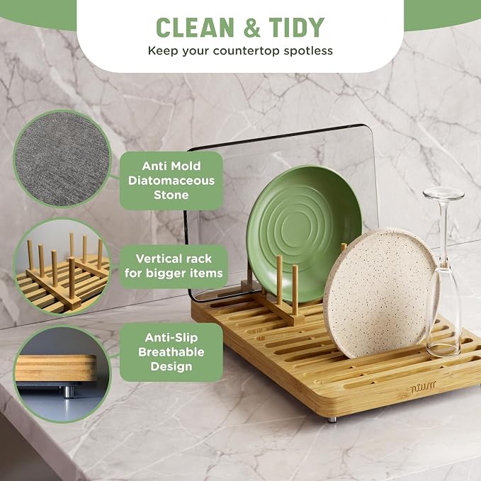 NIUM Stone Drying Mat for Kitchen Counter & Bamboo Rack - 16″x12″ | Diatomaceous Earth Dish drying mat Ultra Absorbent & Fast Drying - EcoFriendly with Non-Slip Pads & Anti-Moisture Design