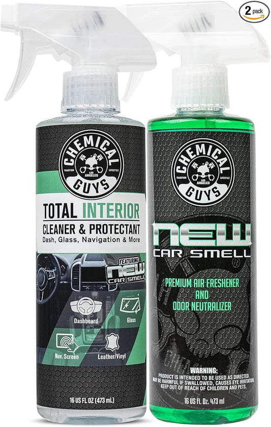 Chemical Guys Total Interior Cleaner and Protectant, New Car Smell, 16 fl oz + New Car Smell Premium Air Freshener and Odor Eliminator, Great for Cars, Trucks, SUVs, RV & More, 16 fl oz