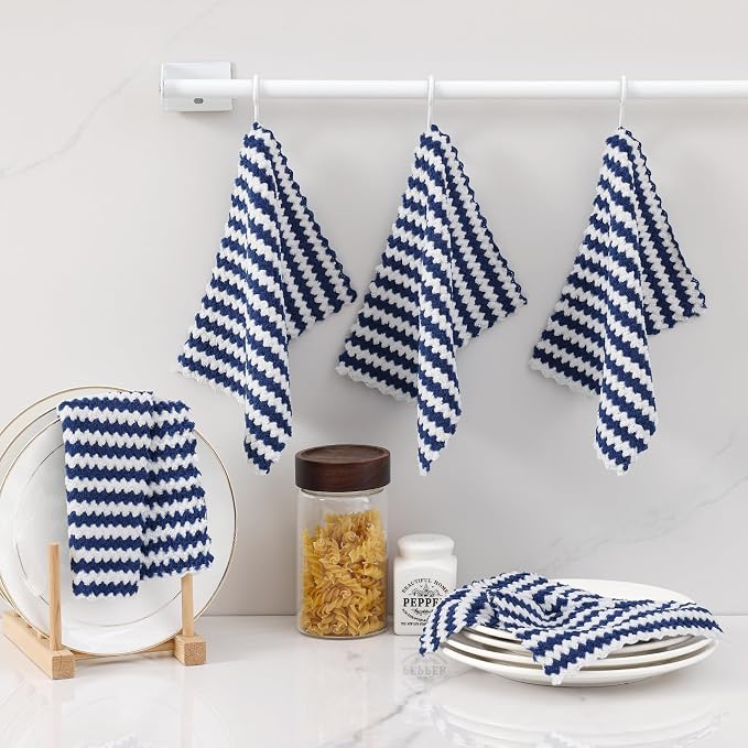 Homaxy 12 Pack Kitchen Dish Cloths, Ultra Soft and Absorbent Dish Towels, Reusable Fast Drying Microfiber Cleaning Cloth, Coral Velvet Wave Design No-lint, 7 x 9 inches, Navy Blue