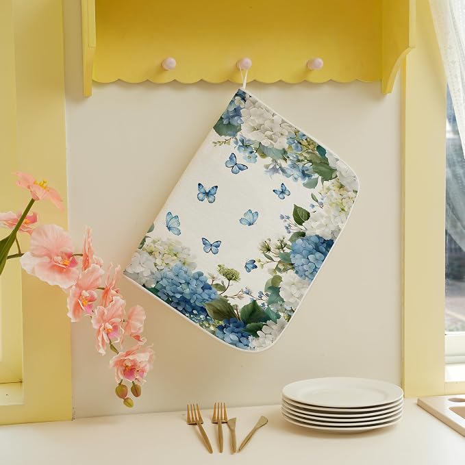 Spring Dish Drying Mat 18x24 Inches For Kitchen Counter Absorbent Watercolor Blue Hydrangea Butterfly Kitchen Decoration Summer Floral Drying Mat Pad For Home Kitchen,Dining Room,Office Decor