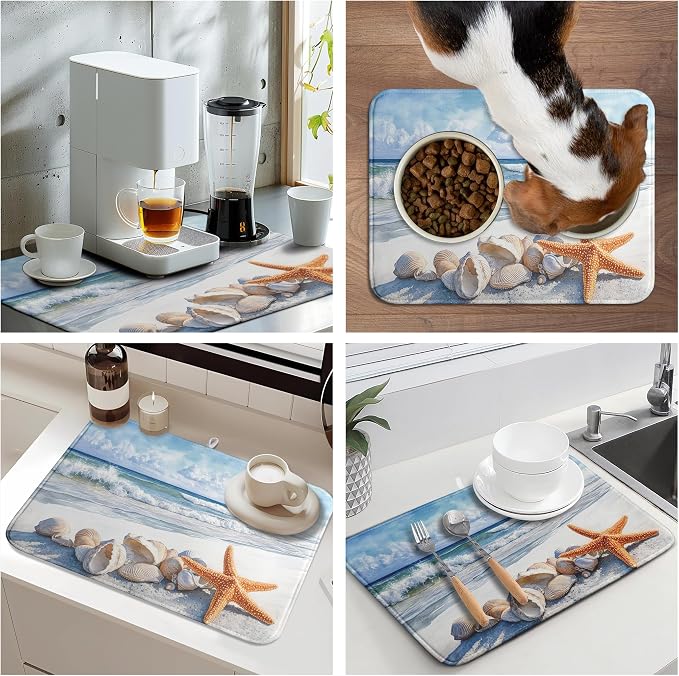 Summer Beach Dish Drying Mat for Kitchen Counter Starfish Coastal Shells Kitchen Dishes Dryer Pad Absorbent Matt Microfiber Washable Foldable Reusable Large 18x24 in