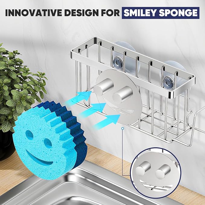MURLONG Sponge Holder for Kitchen Sink,Sink Caddy Smiley Face,4-in-1 Sponge Holder with Suction Cups & 1 PCS Adhesive Strips for Holding Soap,Brush,Scrubber,Sponge,Stopper-Silver
