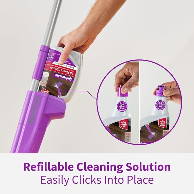 Rejuvenate Click N Clean Multi-Surface Spray Mop, All-in-One Kit, 1 Count | Includes Mop, 2 Microfiber Pads, 2 Adapters, Scrub Pad & 32 Oz Cleaner, Use on Sealed Hardwood, Laminate, Vinyl & Tile Floors
