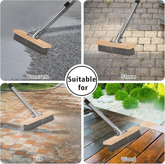 Wire Scrub Brushes with 65in Handle for Concrete Pavers Moss Remover | Heavy Duty Wire Broom, Crack Weeder Puller for Outdoor Deck Patios Walkways Floor Cleaning, Detachable Long Handle