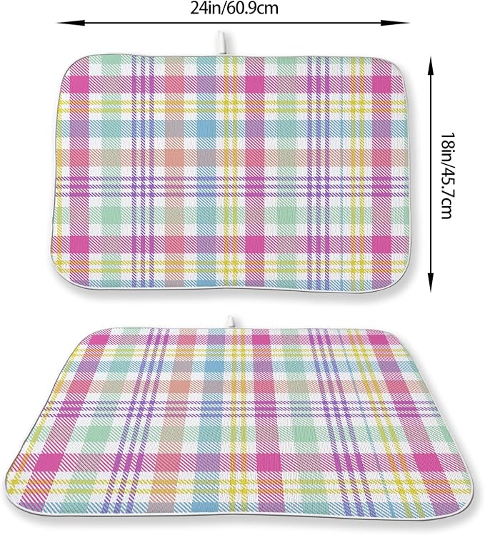 Easter Checkered Dish Drying Mat 18x24 Inch Colorful Buffalo Plaid Drying Mat Gingham Spring Holiday Absorbent Dish Drying Pad Dish Rack Drainer Mats for Kitchen Dining Counter