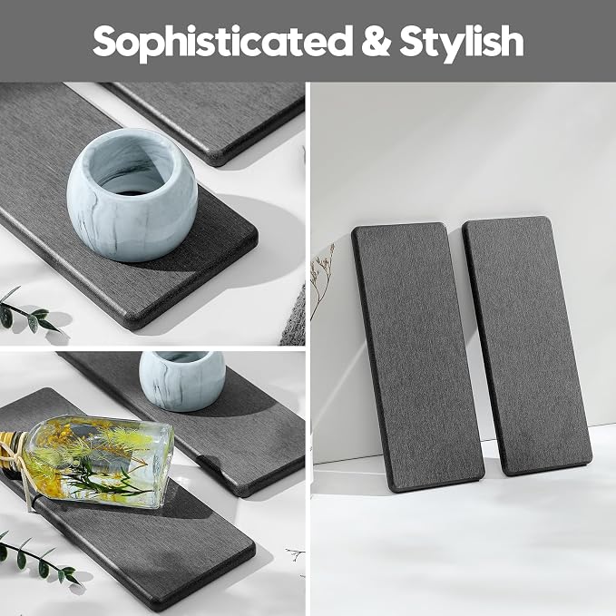 Razborci 2PCS Bathroom Trays, Water Absorbing Diatomite Stone Quick Drying Mat for Kitchen Counter, Dish Rack Soap Dispenser Sponge Holder Caddy Sink Vanity Organizer, Dark Gray Slate,9"x3.5"