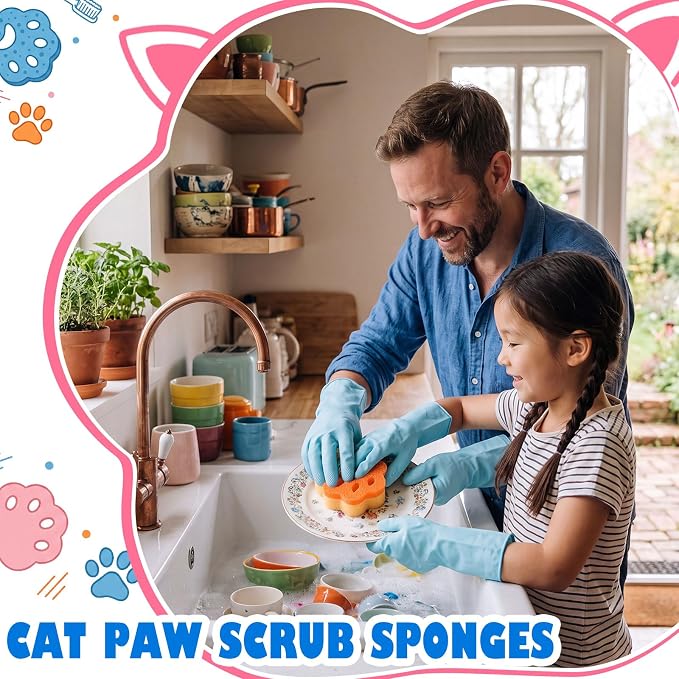 FillTouch 3 Pcs Dual Sided Scrub Sponge Multi Functional Cute Temperature Sensitive Non Scratch Dish Sponge for Washing Dishes Kitchen Bathroom (Cat Paw,Pink, Orange, Blue)