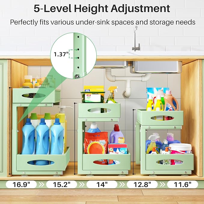 2 Pack Under Sink Organizer, 2 Tier Pull out Cabinet Organizer Mesh Baskets with 5 Adjustable Heights, Sliding Drawers Storage Shelf for Home, Kitchen, Bathroom, Pantry, Office, Countertop ,Green