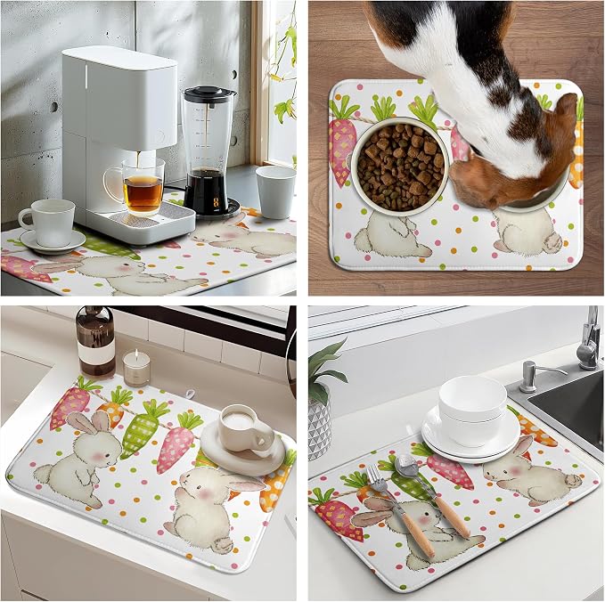 Easter Spring Dish Drying Mats Cute Bunny Dish Mat Easter colorful Carrots Drying Matt Dishes Dryer Pad for Kitchen Counter Absorbent Microfiber Washable Foldable Reusable 18x24 in