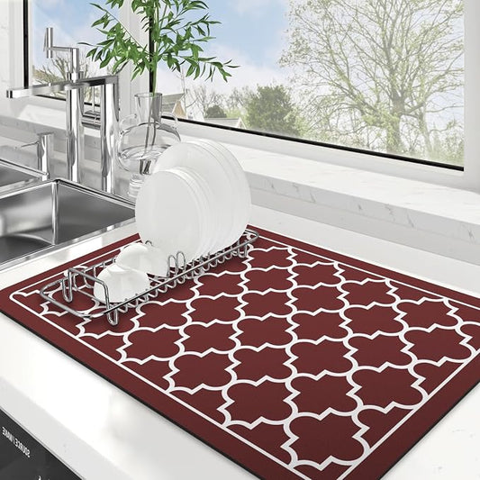 WISELIFE Dish Drying Mat Super Absorbent Drying Mat Large Dish Drying Mats for Kitchen Counter Easy Clean Dish Mat Kitchen Drying Mat16"x 24" Stylish Red