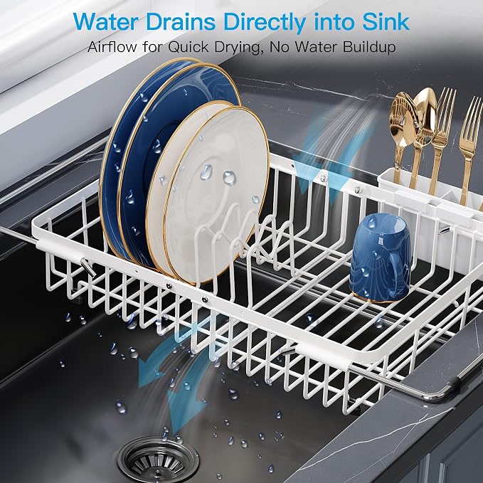 JASIWAY Expandable Stainless Steel White Dish Drying Rack Over The Sink for Small Kitchen, Counter Space Saving Compact Plate Drainer Strainer, Adjustable Hanging Metal Dish Dryer with Utensil Holder