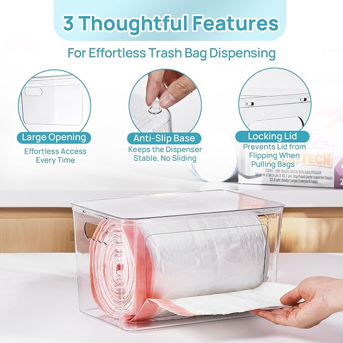 Vtopmart 1 Pack Trash Bag Holder, Stackable Garbage Bag Dispenser for 13/30/33 Gallon Bags, Onion and Potato Storage Bins for Kitchen, Clear Organizer Bins for Under Sink, Laundry Room