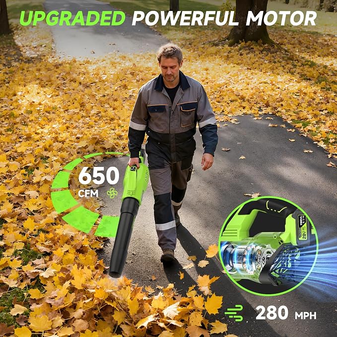 Leaf Blower Cordless, 650CFM Electric Leaf Blowers with 2 x 5.2Ah Batteries and Charger, 3 Speed Modes, 1 x Adjustable Shoulder Strap, Powerful Snow Blowers for Lawn Care, Patio, Dust, Blowing Leaves