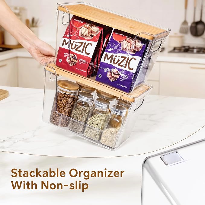 Criusia 3 Set Pantry Organizers and Storage with Bamboo Lids, Stackable Clear Bins for Onion, Potato, Fruit, Vegetables, Trash Bag Dispenser, Kitchen and Under Sink Organizer