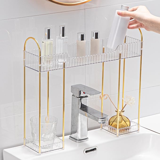 YCIA&DONE Bathroom Countertop Organizer Over the Faucet, Narrow Counter Organizers Above Sink, Table Mounted Shelf for Kitchen, Toilet, Laundry(White Clear)