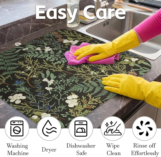 Boho Dish Drying Mat for Kitchen Counter,Botanical Fern Plant Floral Black Farmhouse Absorbent Microfiber Reusable Washable Non-Slip Dish Drainer Draining Mats Dishes Pad for Kitchen Decor 18x16 Inch