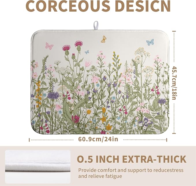 Wildflower Floral Dish Drying Mat for Kitchen Counter Vintage Rustic Flower Drying Mats Spring Summer Herb Plant Absorbent Microfiber Dishes Pad Washable Dish Draining Mat Extra Large 18"x24"