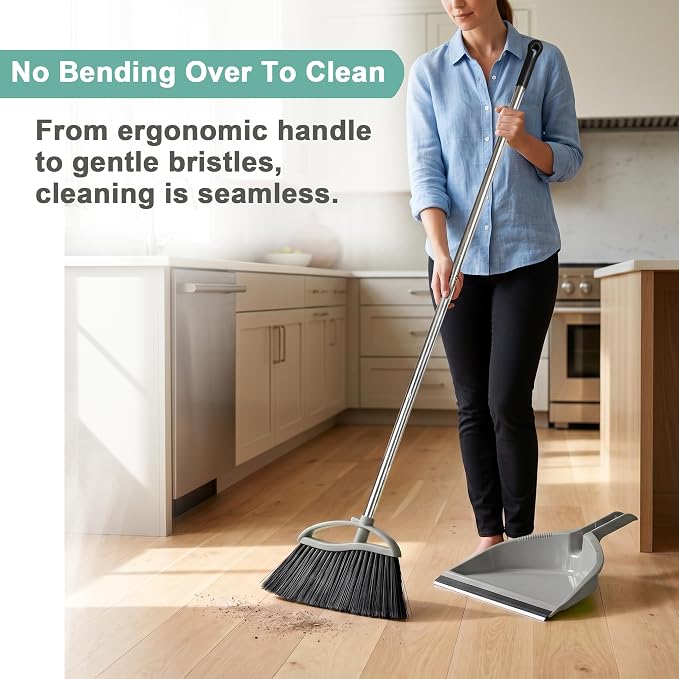 Soft Bristle Broom and Dustpan Set, Long Handle for Indoor Floor, Hardwood | Angled Broom Reach Corners and Cabinets, Rubber Lip Traps Fine Dust. Perfect for Tile, Office, Kitchen.