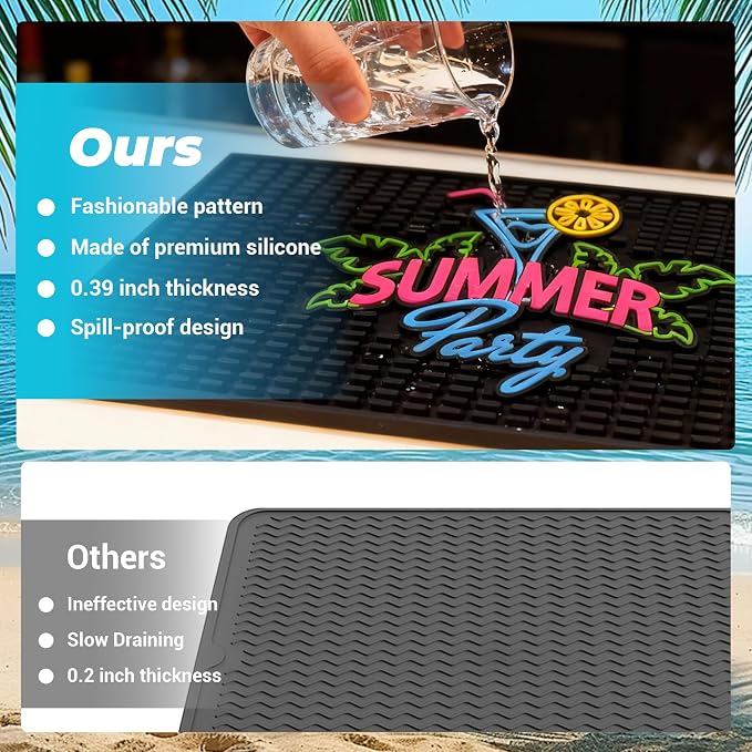Neon Tiki Black Bar Mat 18 x 12 Inch - Thick Rubber Bar Mats for Countertop and Bartending - Professional Bar Spill Mat for Home Bar Accessories, Bar Cart Decor and Bartender Accessories （SXJQ）